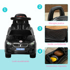 Children's Ride-On Toy Car with Steering Wheel, Built-in Lights and Music, PP and Metal, 63.5x28x36 cm, Black