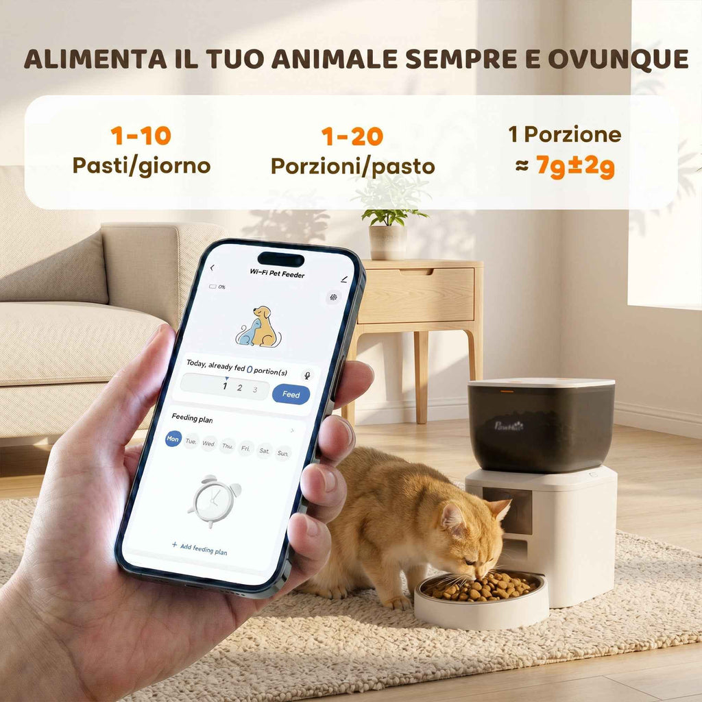 PawHut 4L Automatic Cat Food Dispenser, WiFi 2.4G, App Control with 10s Recording, Bowl, White