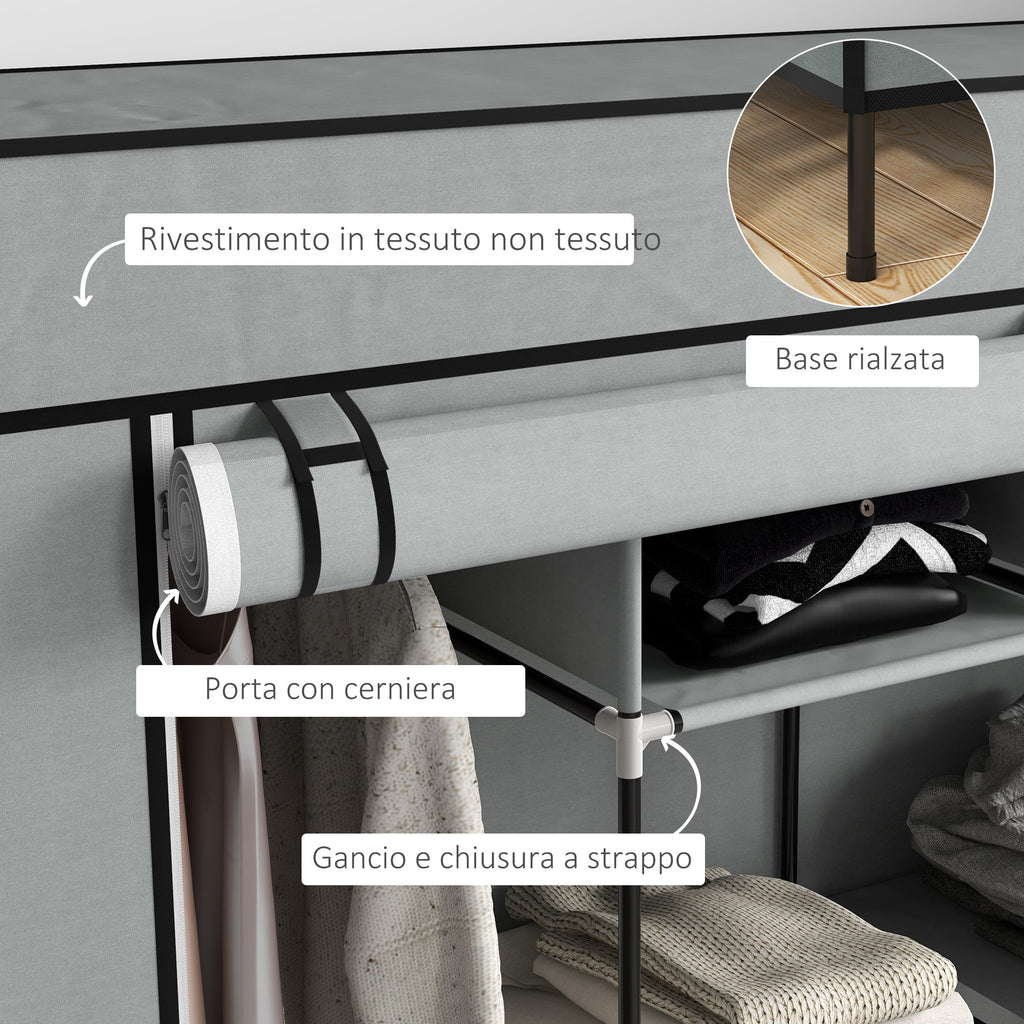 Fabric and Steel Wardrobe with 10 Shelves, 4 Drawers and Hinged Doors, Grey