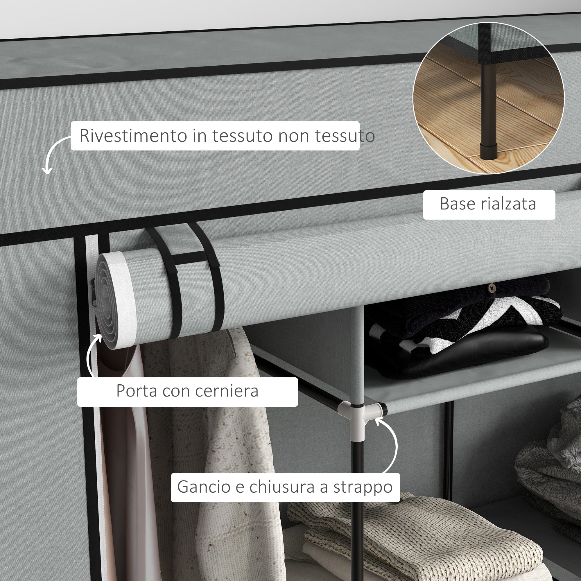 Fabric and Steel Wardrobe with 10 Shelves, 4 Drawers and Hinged Doors, Grey