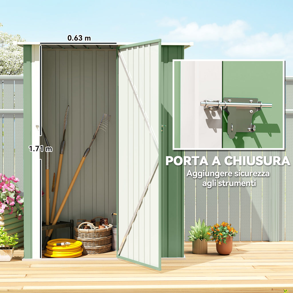 Outsunny Metal Tool Shed with Sloped Roof and Lockable Door, 142x86x189 cm, Light Green