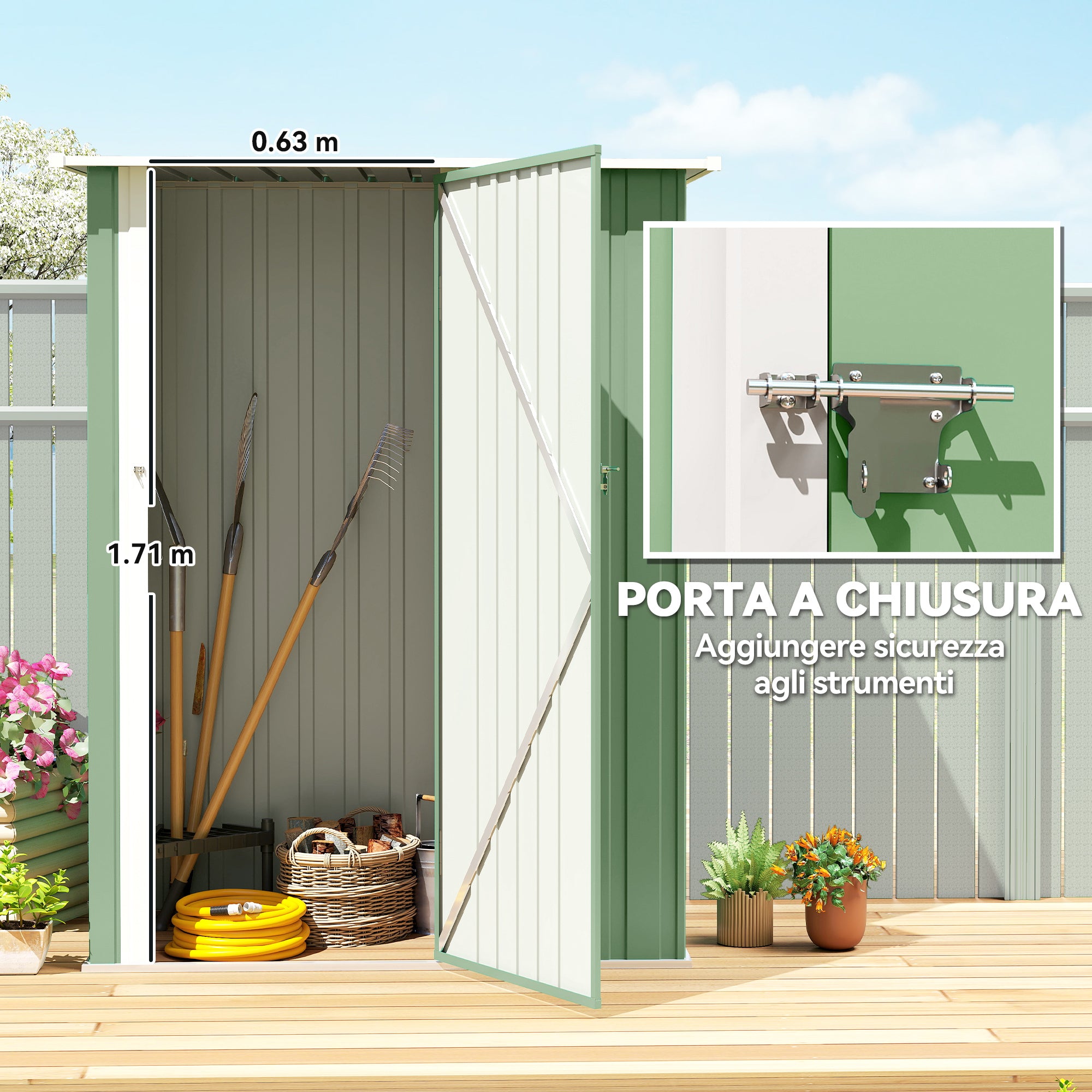 Outsunny Metal Tool Shed with Sloped Roof and Lockable Door, 142x86x189 cm, Light Green