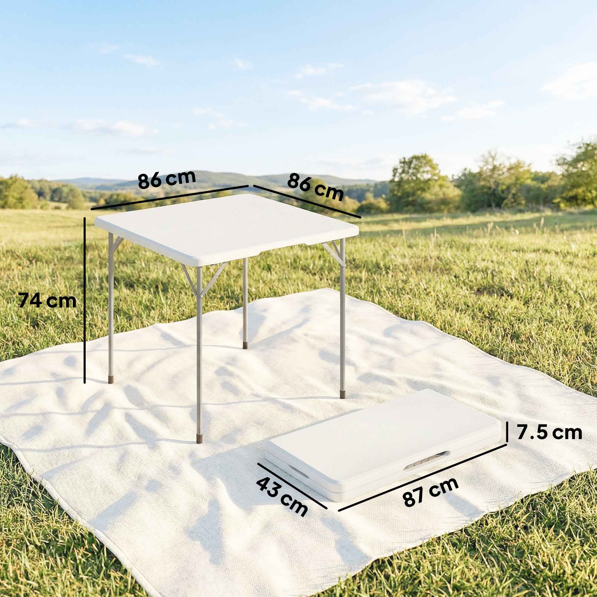 Outsunny Folding Square Camping Table in Metal and HDPE, 86x86x74 cm, White