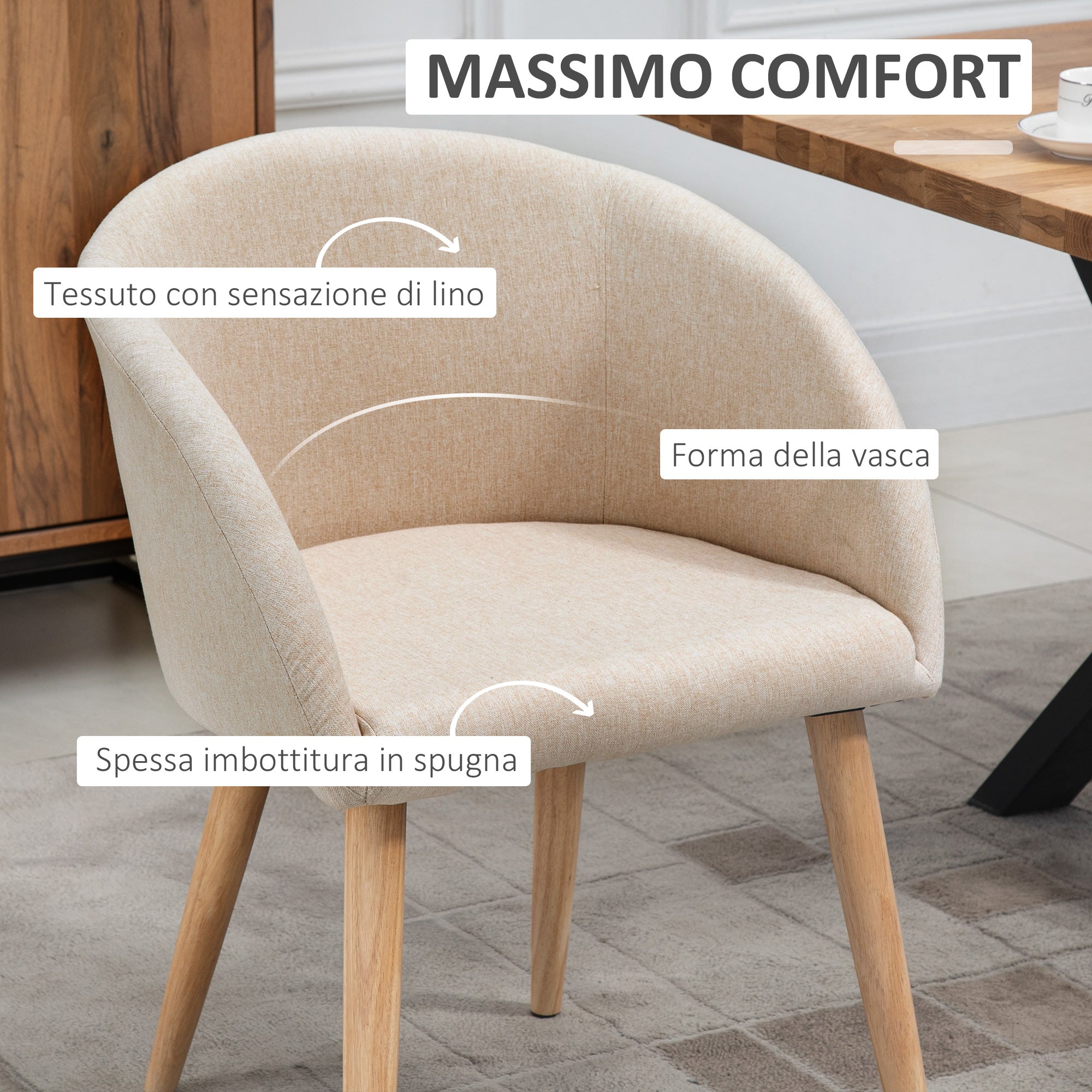 Set of 2 Scandinavian Style Fabric Upholstered Dining Chairs, 55x56x74 cm, Beige