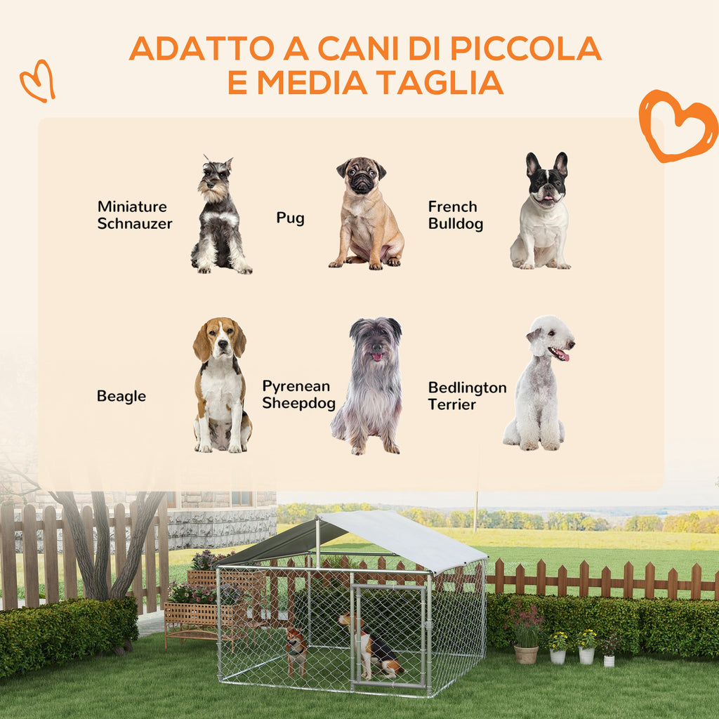 PAWHUT FENCE FOR DOGS MEDIUM SITE WITH Waterproof roof, 200x200x150cm, Silver - Borgè