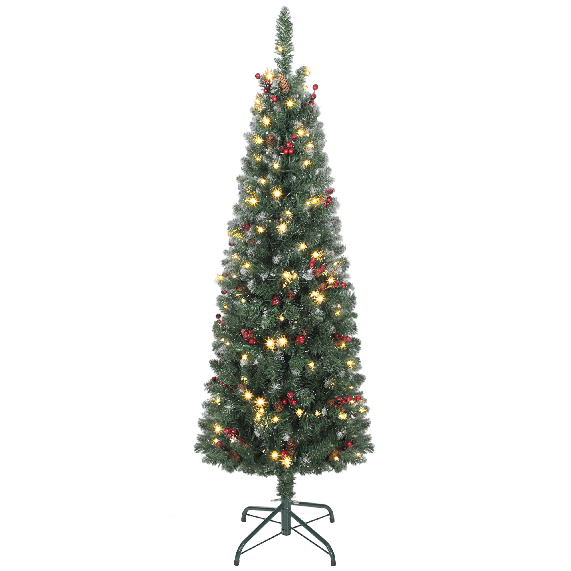 Illuminated Christmas Tree with 150 LED Lights, 30 Pine Cones and 30 Berry Bunches, Ø60x150 cm, Green and Silver