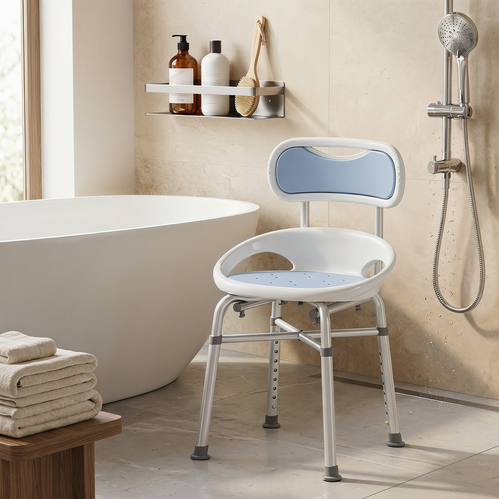 HOMCOM Shower Chair with Backrest and Perforated Seat, 8 Adjustable Heights, Non-Slip, Load Capacity 136kg, Blue