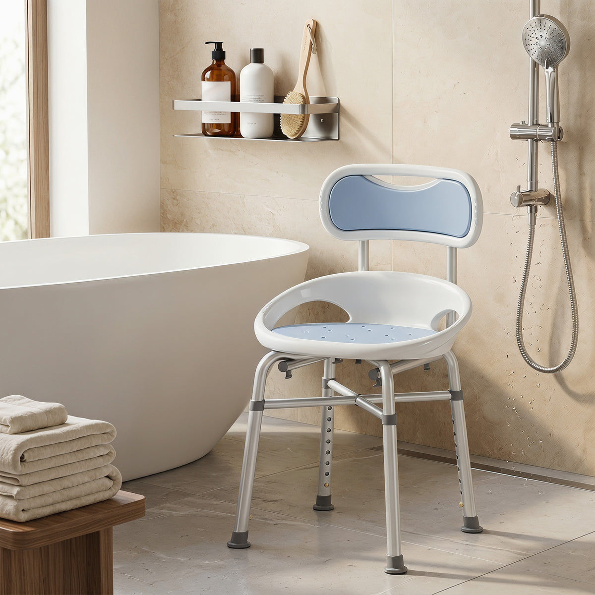 HOMCOM Shower Chair with Backrest and Perforated Seat, 8 Adjustable Heights, Non-Slip, Load Capacity 136kg, Blue