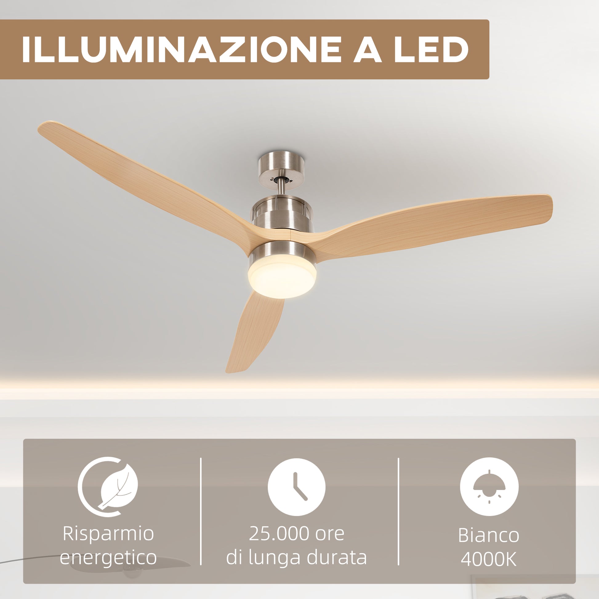 Modern Ceiling Fan with 6-Speed White LED Light and Timer, Metal and Acrylic Construction - Ø132 x 43 cm - Borgè