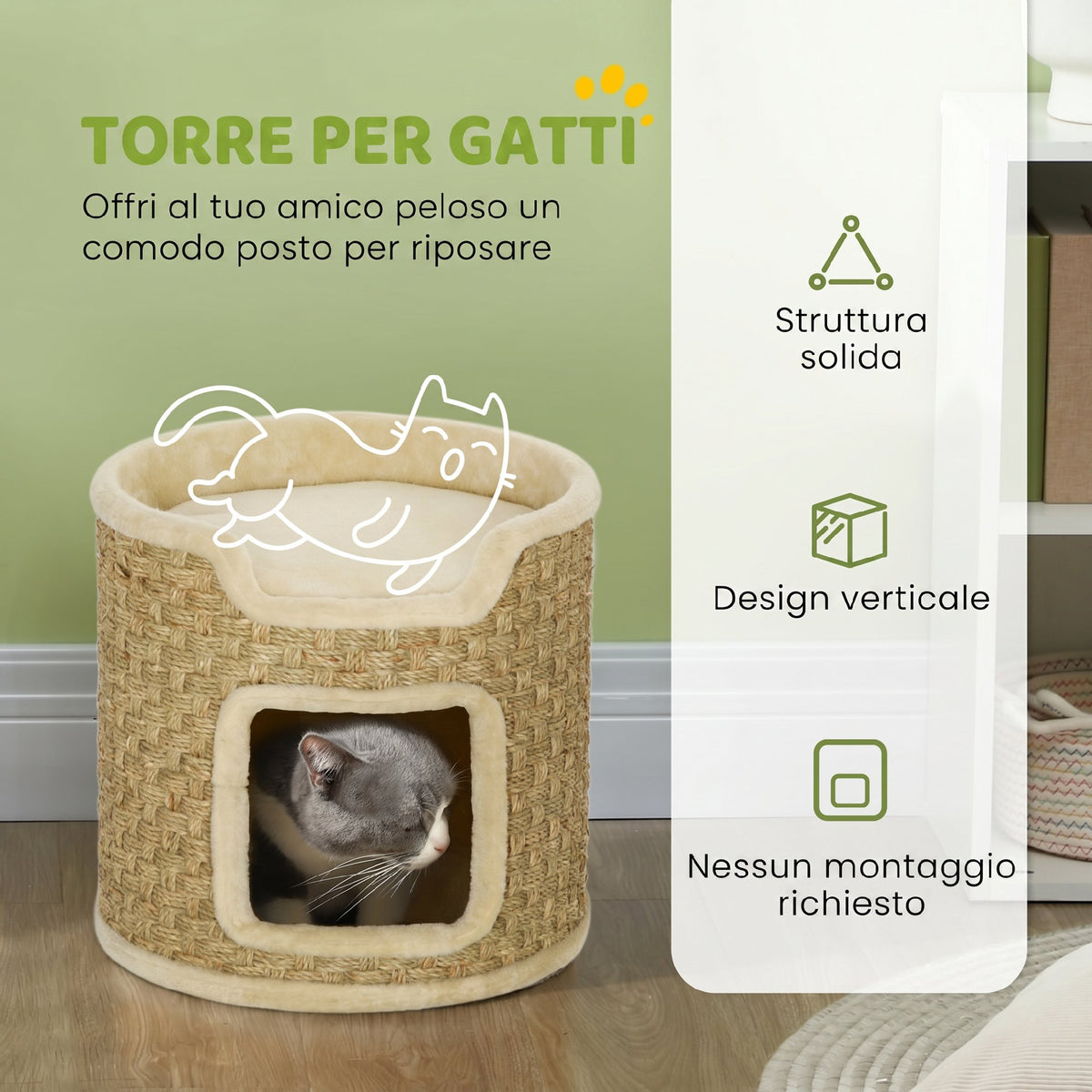 PawHut 37cm High, 2-Tier Cat Tree with Nest and Sisal Rope, Up to 5kg, Khaki