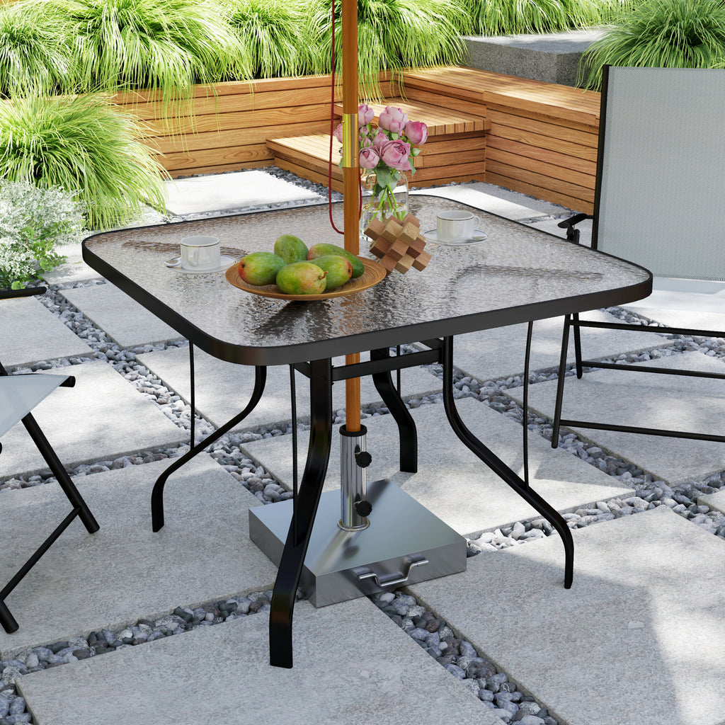 4-seater square garden table with glass top and hole for umbrella Ø54 mm, black