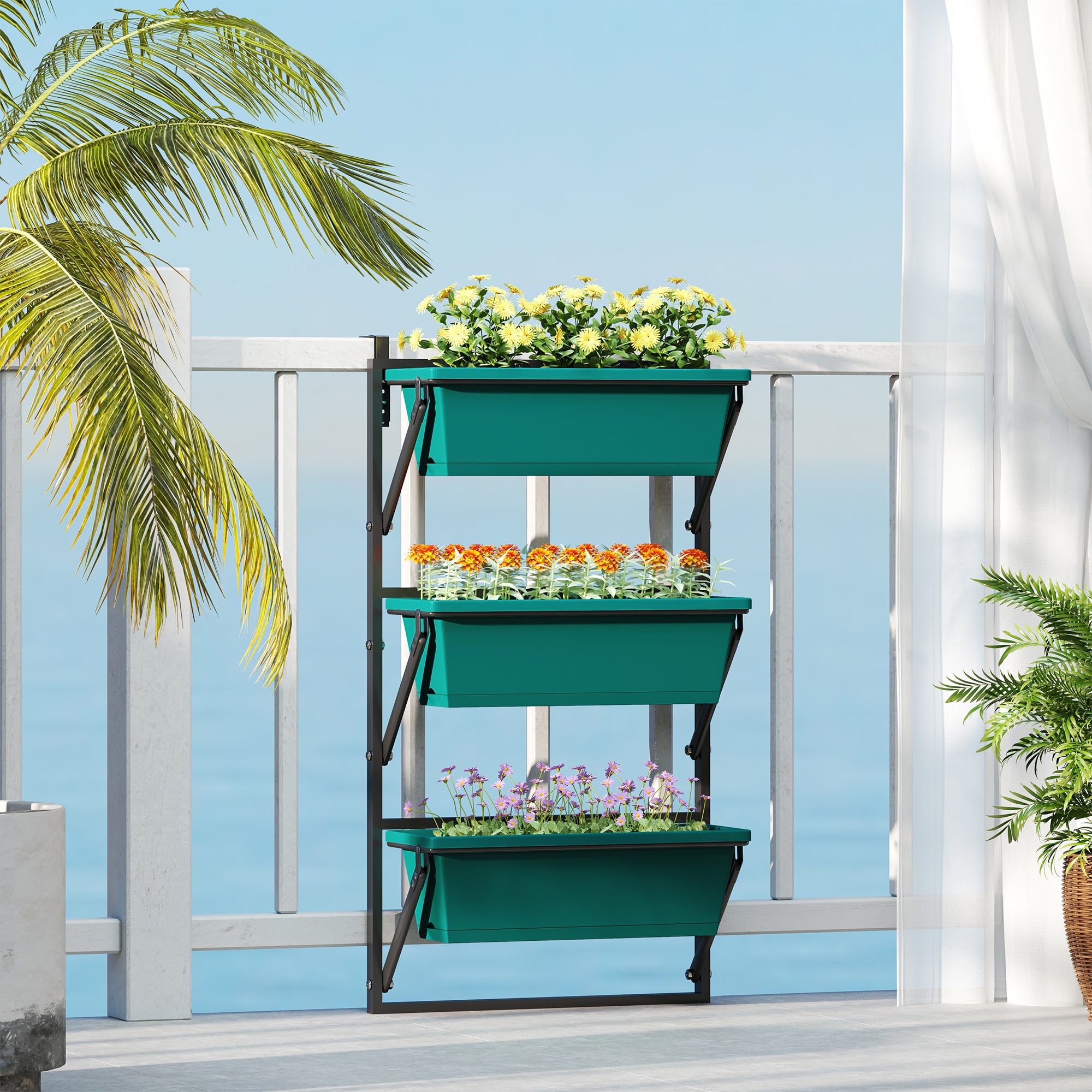 Vertical Outdoor Planter and 3 Plastic Plant Pots with Drainage Holes, 56x42x100 cm, Green
