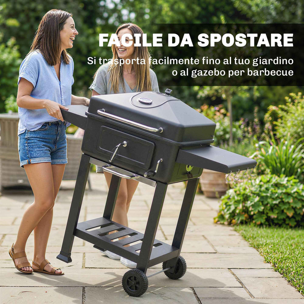 Outsunny Charcoal Barbecue, Portable Smoker with Ventilation, Thermometer and Side Shelves, Black