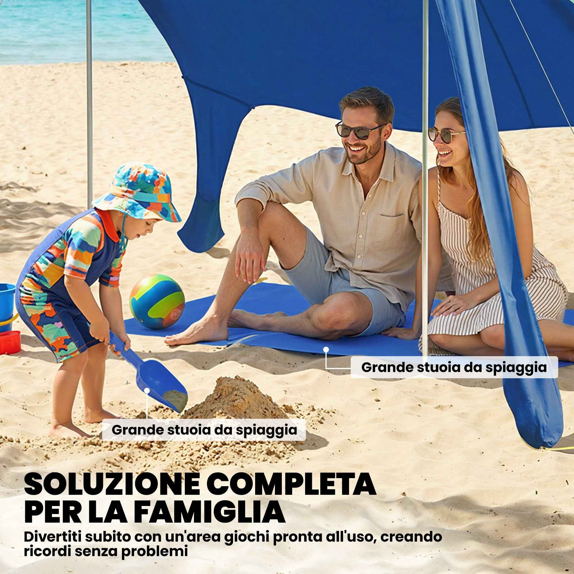 Outsunny UV 50+ Beach Tent for 2-4 People with Mat and Shovel, in Lycra and Aluminum, 200x208x200 cm, Blue