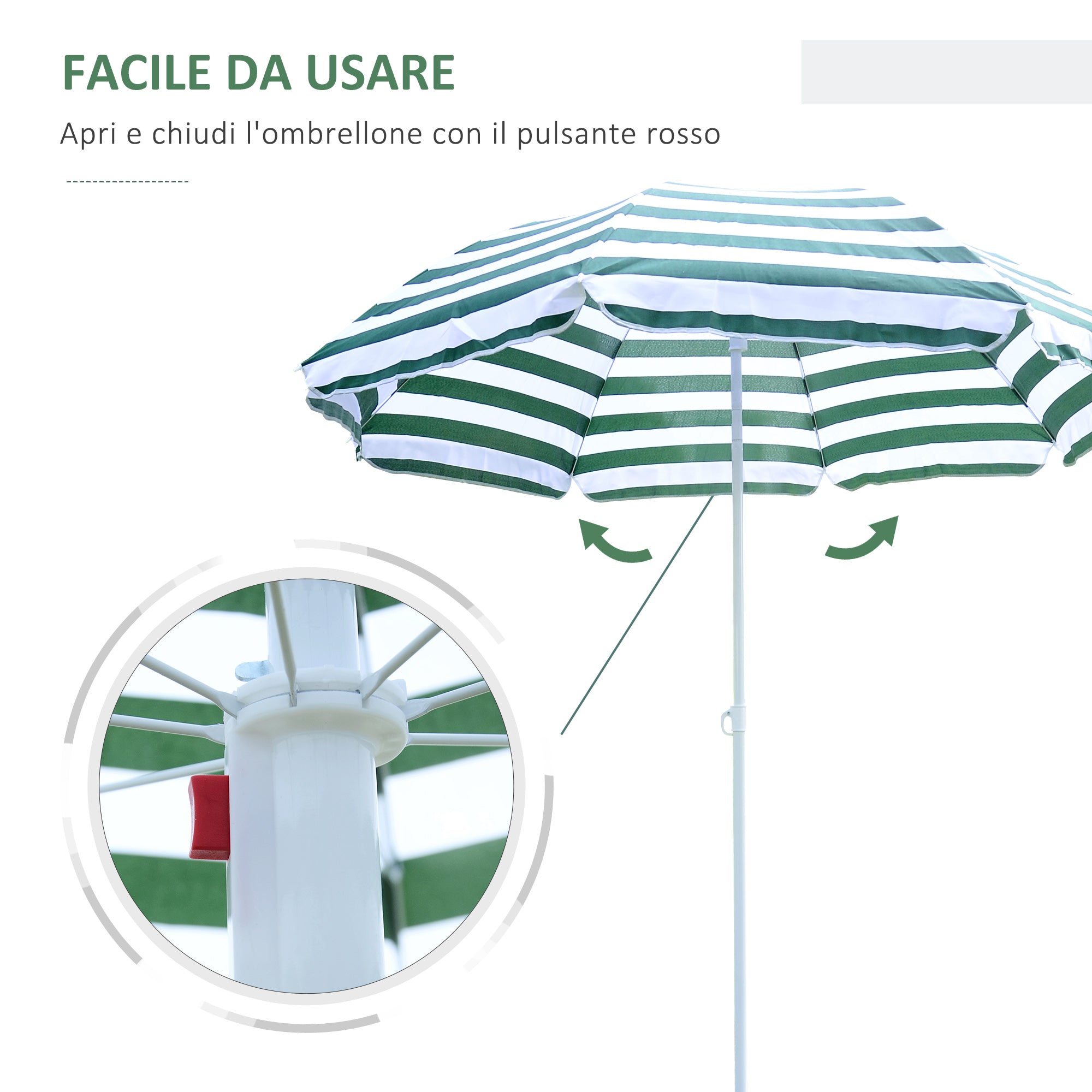 Tilting and Round Beach Umbrella in Metal and Polyester, Ø1.8x2 m, Green and White