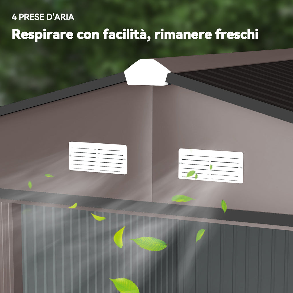 Garden Shed with 2 Sliding Doors and 4 Air Vents in Steel, 322x277x192 cm, Brown