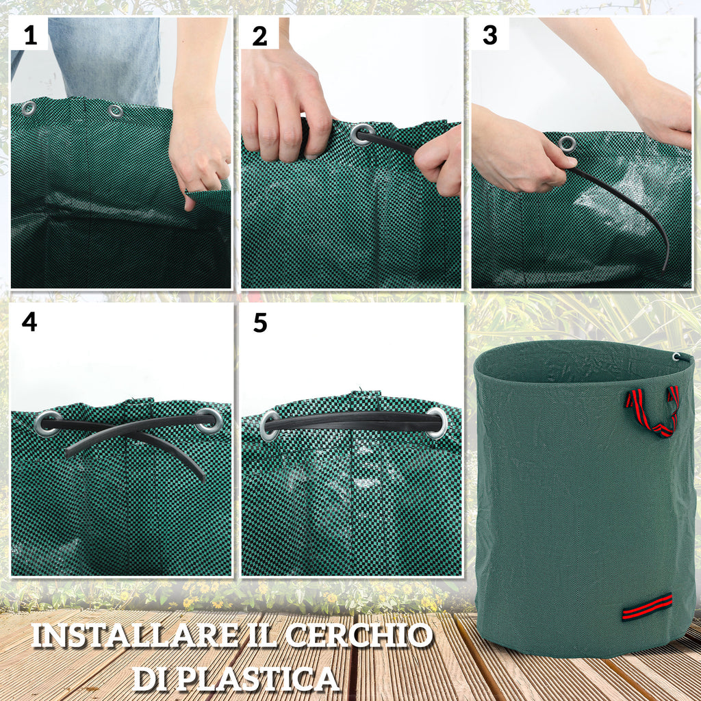 Set of 3 300 L Garden Waste Bags with Handles, Resealable and Reusable, Ø67x84 cm, Green