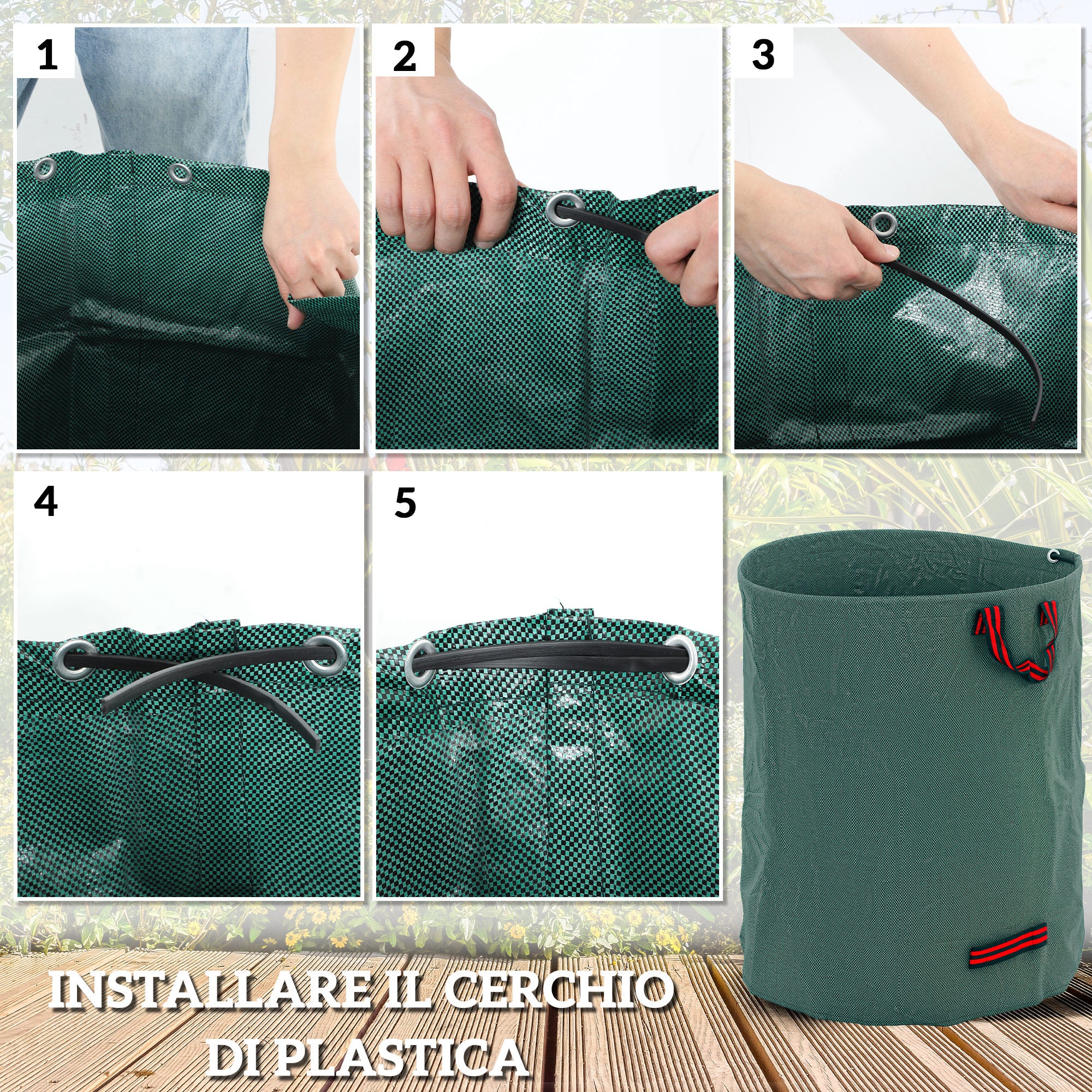 Set of 3 300 L Garden Waste Bags with Handles, Resealable and Reusable, Ø67x84 cm, Green