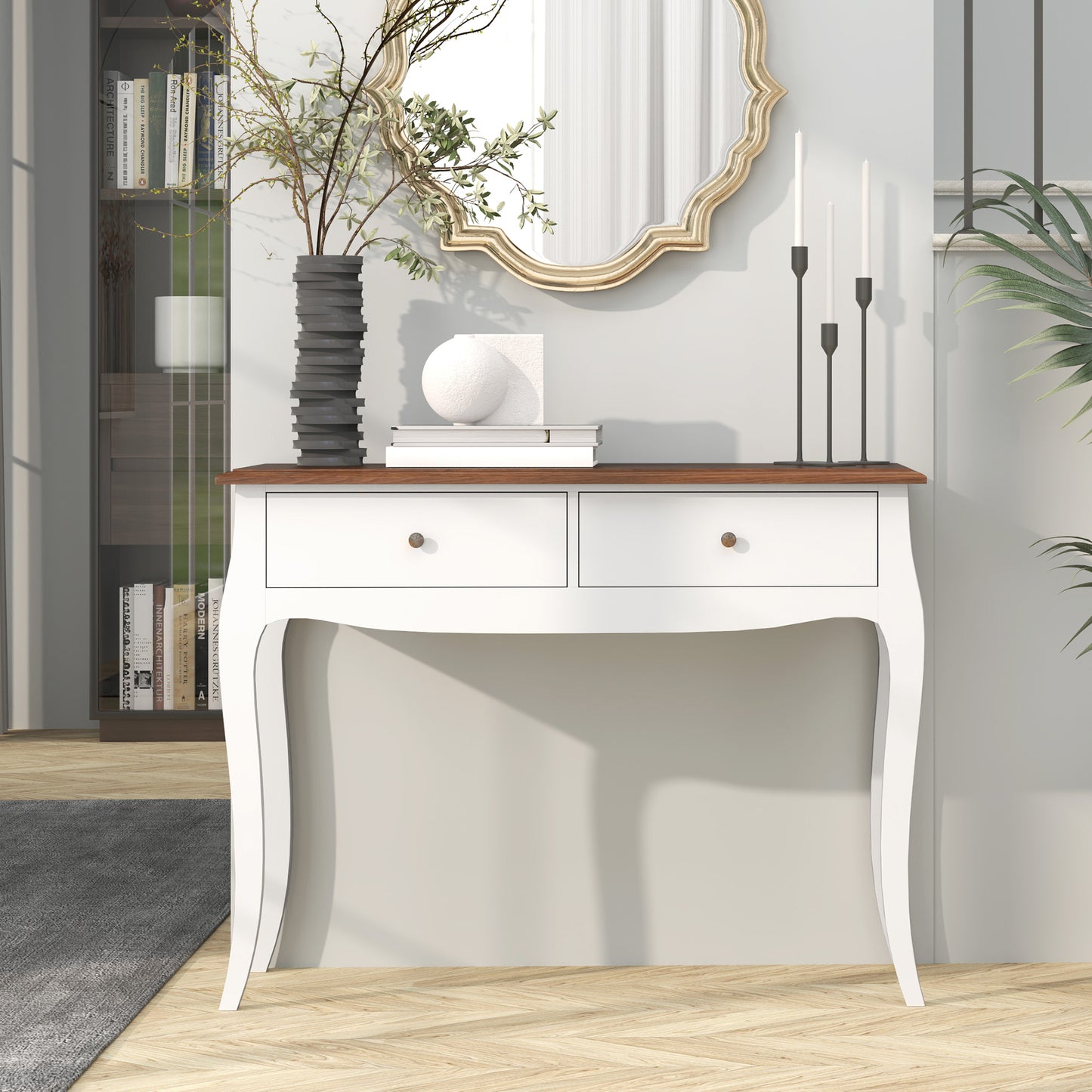 Modern Console Table with 2 Drawers in Wood, 100x35x76.5 cm, White and Dark Brown