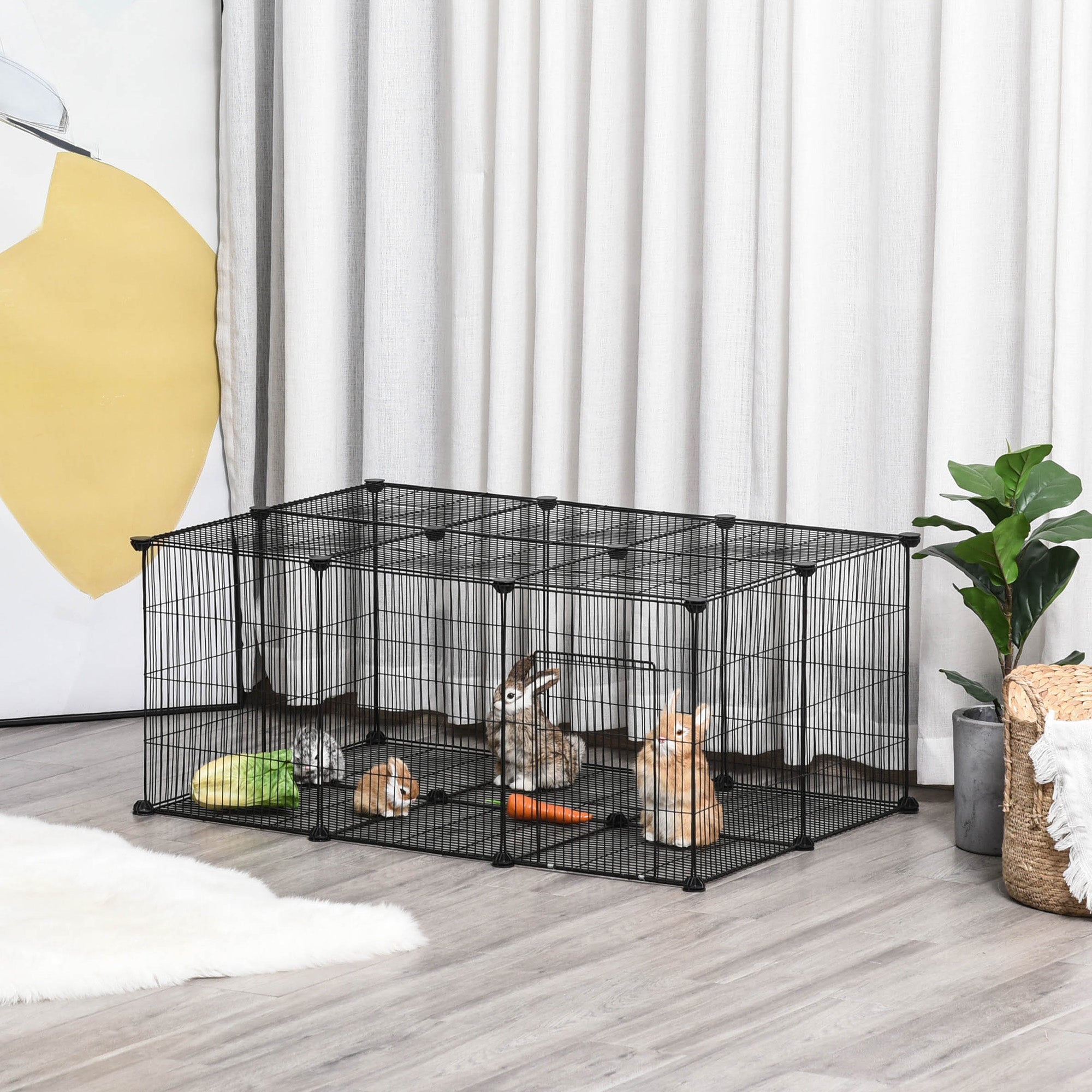 Rabbit and Small Animal Cage, 22 Modular Metal Panels with Door, Black, 105 x 70 x 45cm