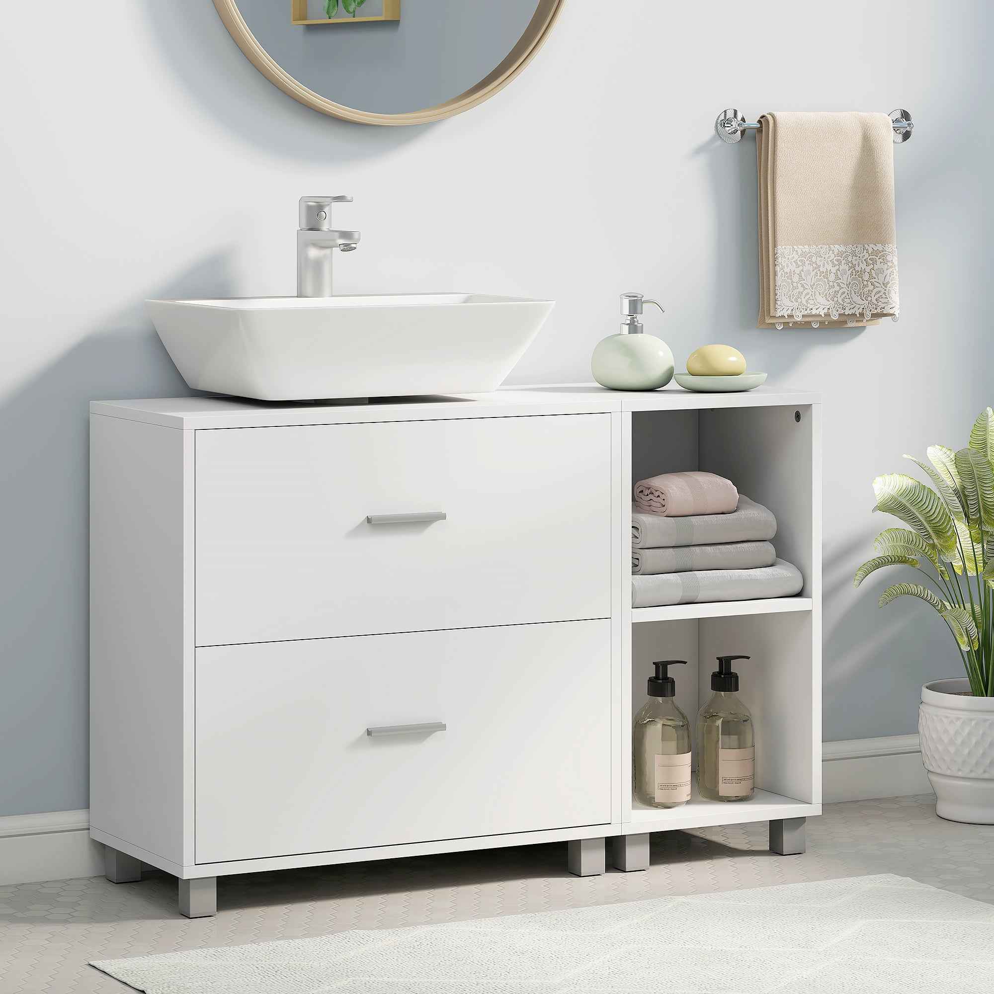HOMCOM Bathroom Vanity Unit with 2 Drawers and Open Shelves, Wooden, 90x30x60 cm, White