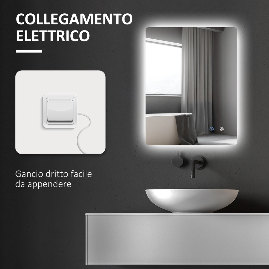 Bathroom Mirror with Adjustable LED Lights, Touch Switches and Anti-Fog Function, 70x50 cm