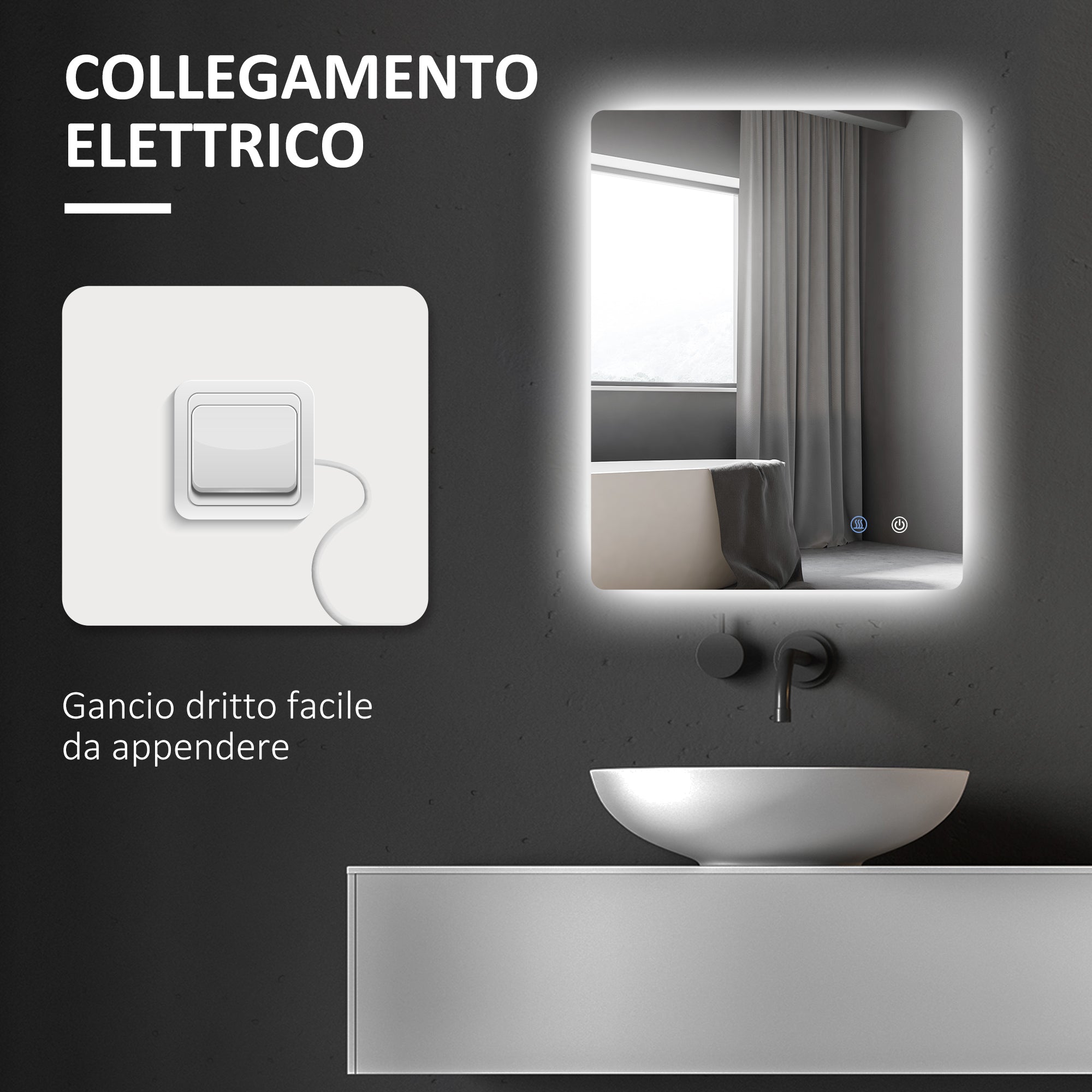 Bathroom Mirror with Adjustable LED Lights, Touch Switches and Anti-Fog Function, 70x50 cm