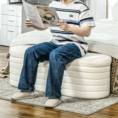 Teddy Fabric Bed End Bench with Storage Compartment for Entrance and Bedroom, 116x41x40.5cm, Cream