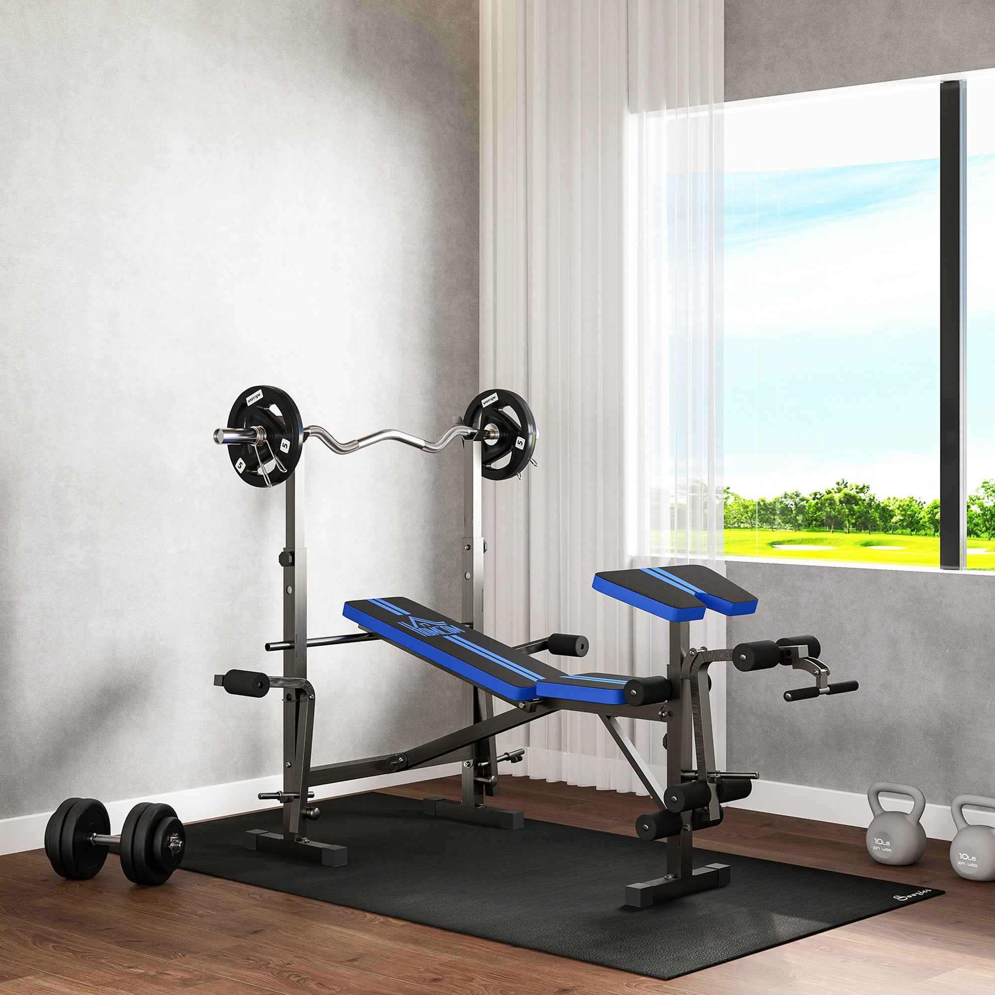 Multipurpose Bench with Barbell Support and Adjustable Backrest, Steel and Plastic, 175x139x127 cm, Black and Blue