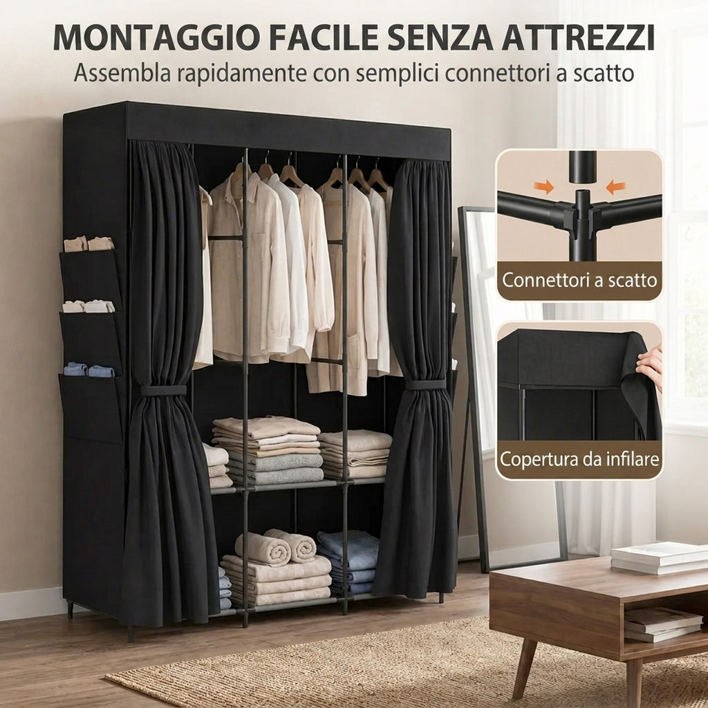 HOMCOM Space-Saving Fabric Wardrobe with 3 Rods, 3 Shelves, 6 Side Pockets, Dustproof Doors with Zip, Black