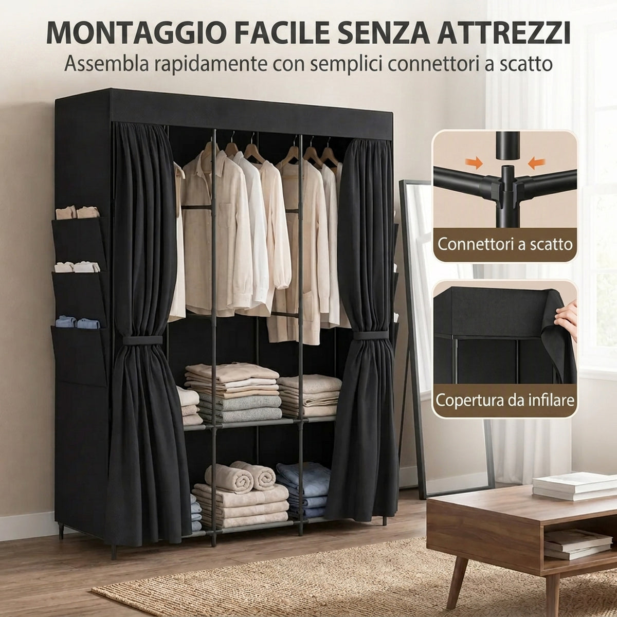 HOMCOM Space-Saving Fabric Wardrobe with 3 Rods, 3 Shelves, 6 Side Pockets, Dustproof Doors with Zip, Black