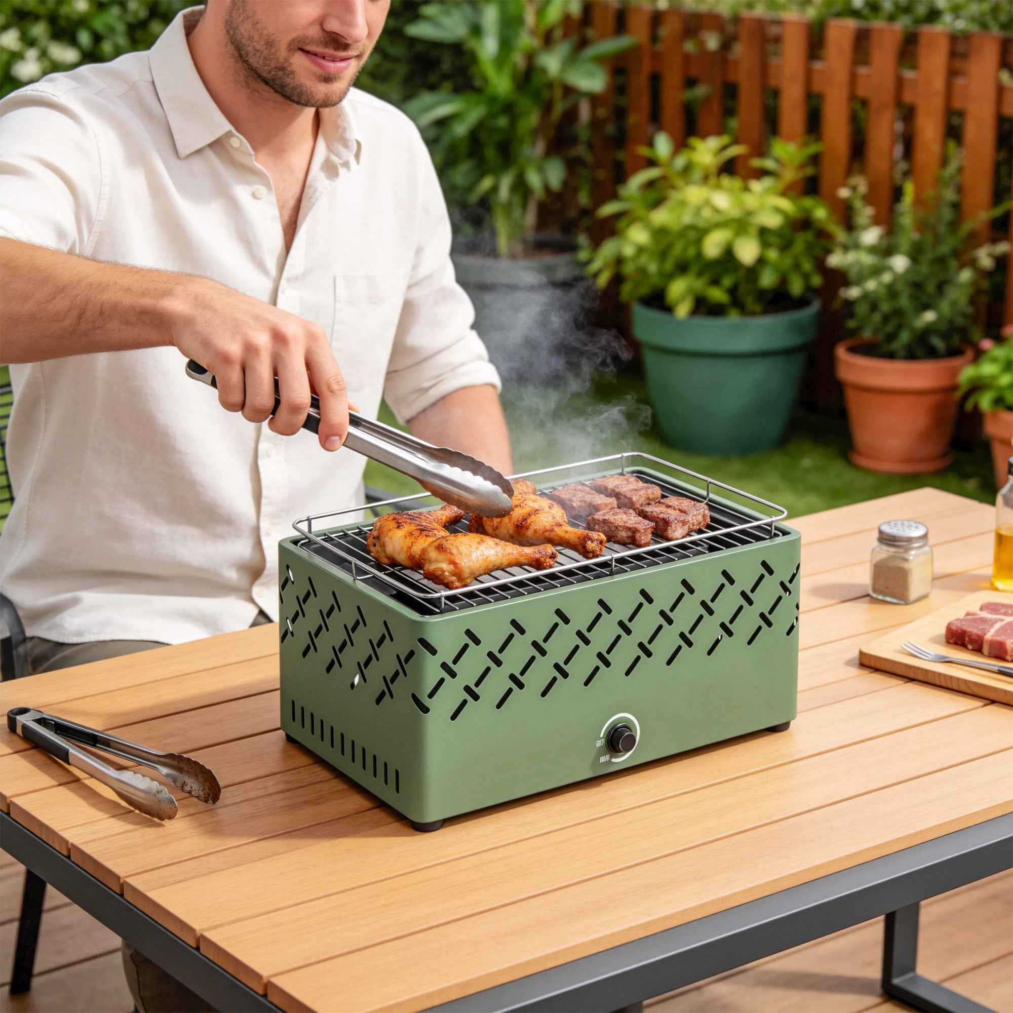 Outsunny Portable Charcoal Barbecue with Built-in Fan for Outdoor Use, Light Green