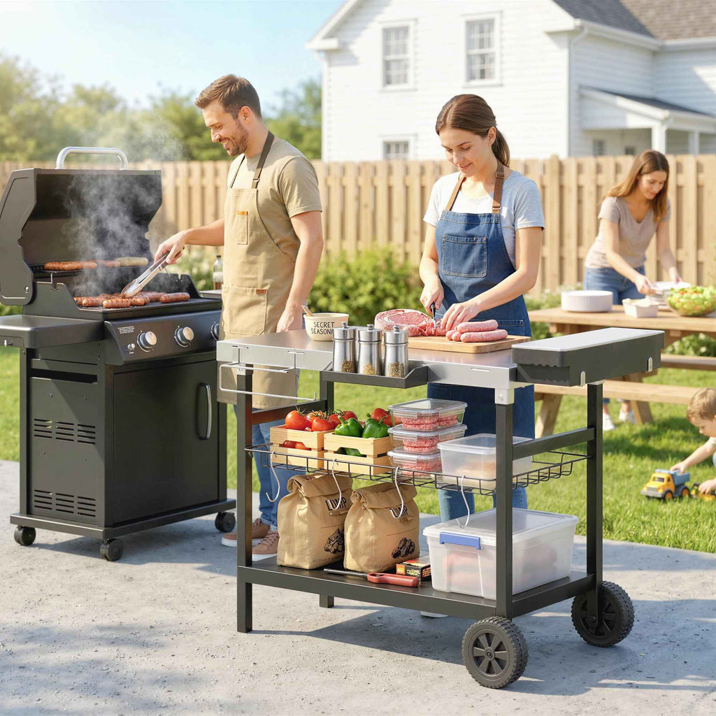 Outsunny Outdoor Barbecue Cart with Stainless Steel Top, Spice Rack, Hooks and Side Handle, Black