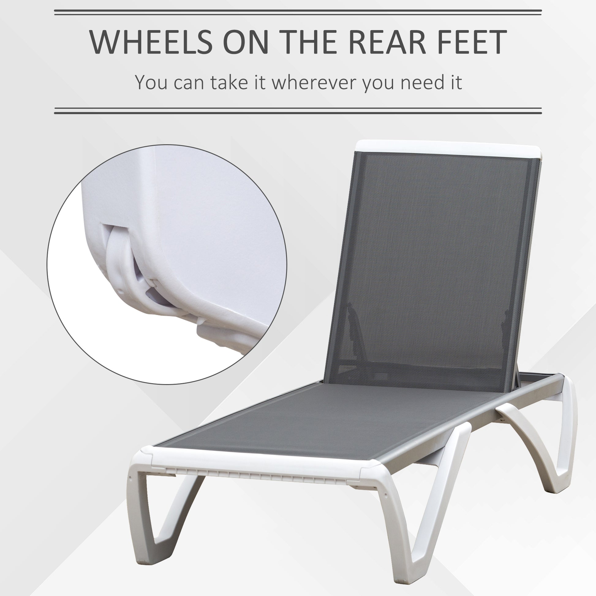 Outsunny sun bed with reclining backrest and rear wheel, 195x67.5x33 cm, gray and white - Borgè