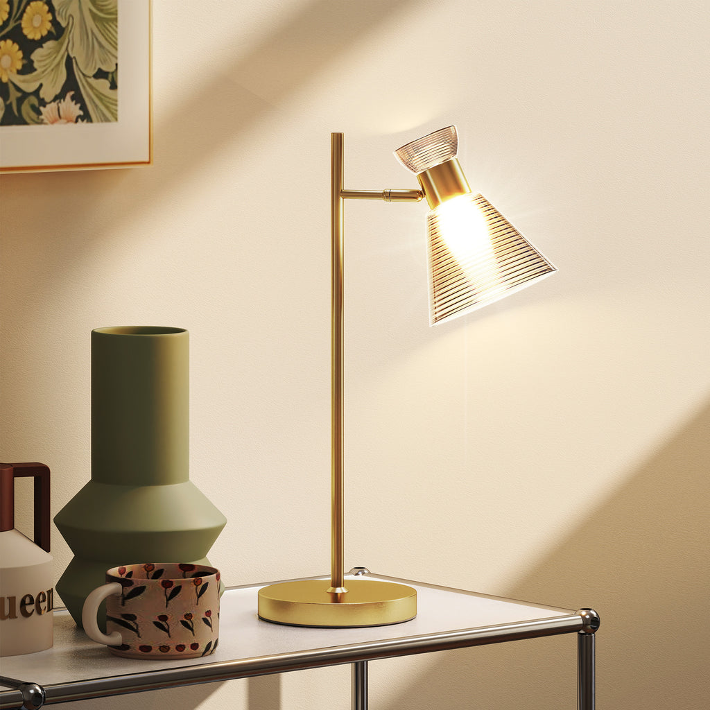 Modern Table Lamp with Adjustable Amber and Satin Glass Lampshade, E27 Socket, Gold