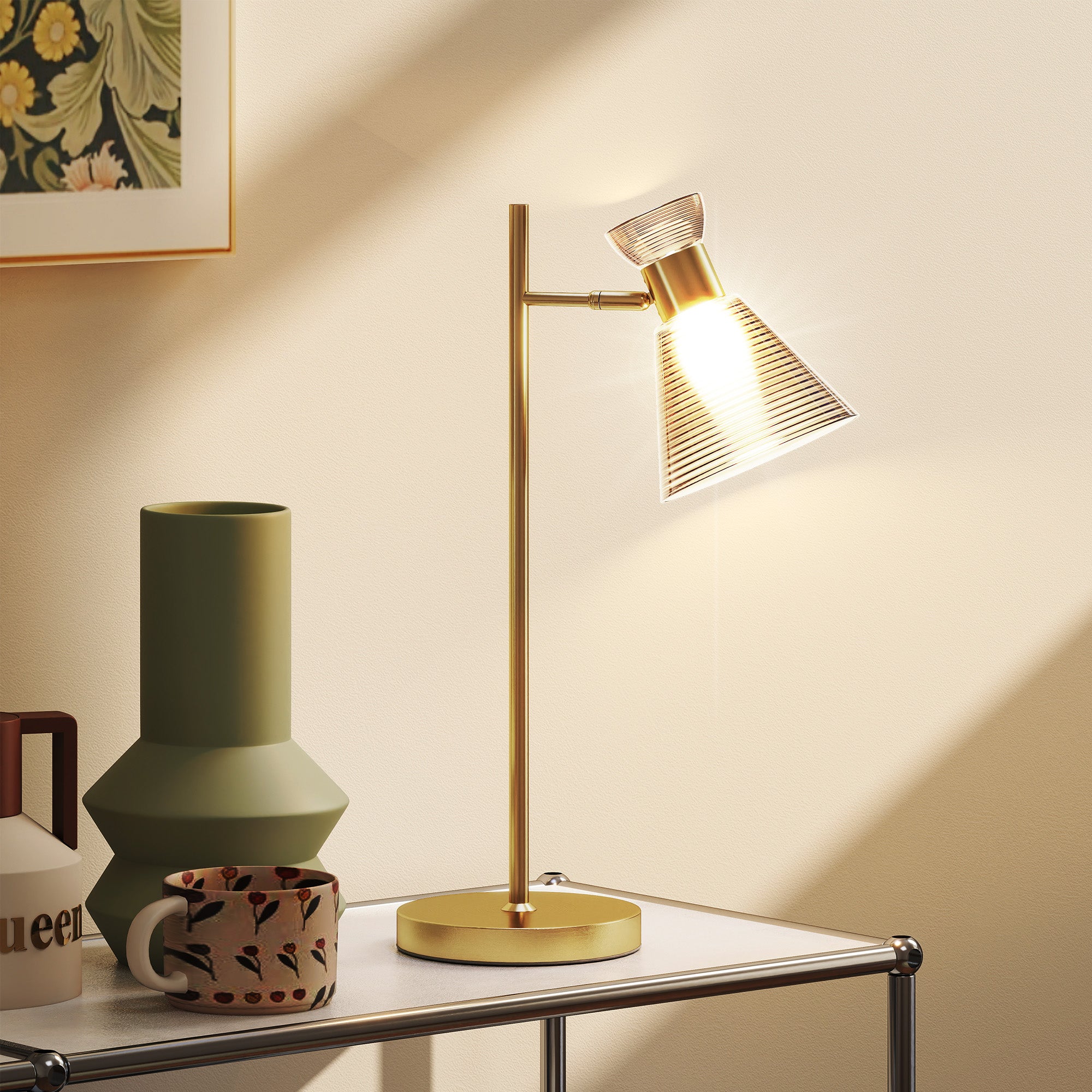 Modern Table Lamp with Adjustable Amber and Satin Glass Lampshade, E27 Socket, Gold