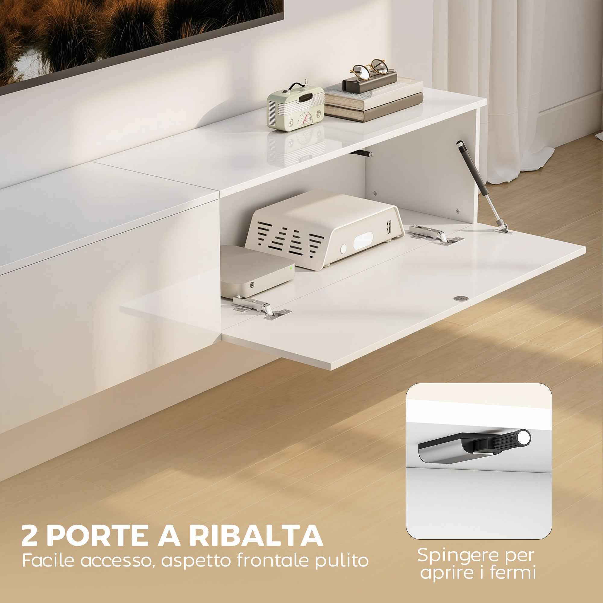 HOMCOM Wall-Mounted TV Stand for up to 75" with Pressure-Close Doors, 180x33x30 cm, Gloss White