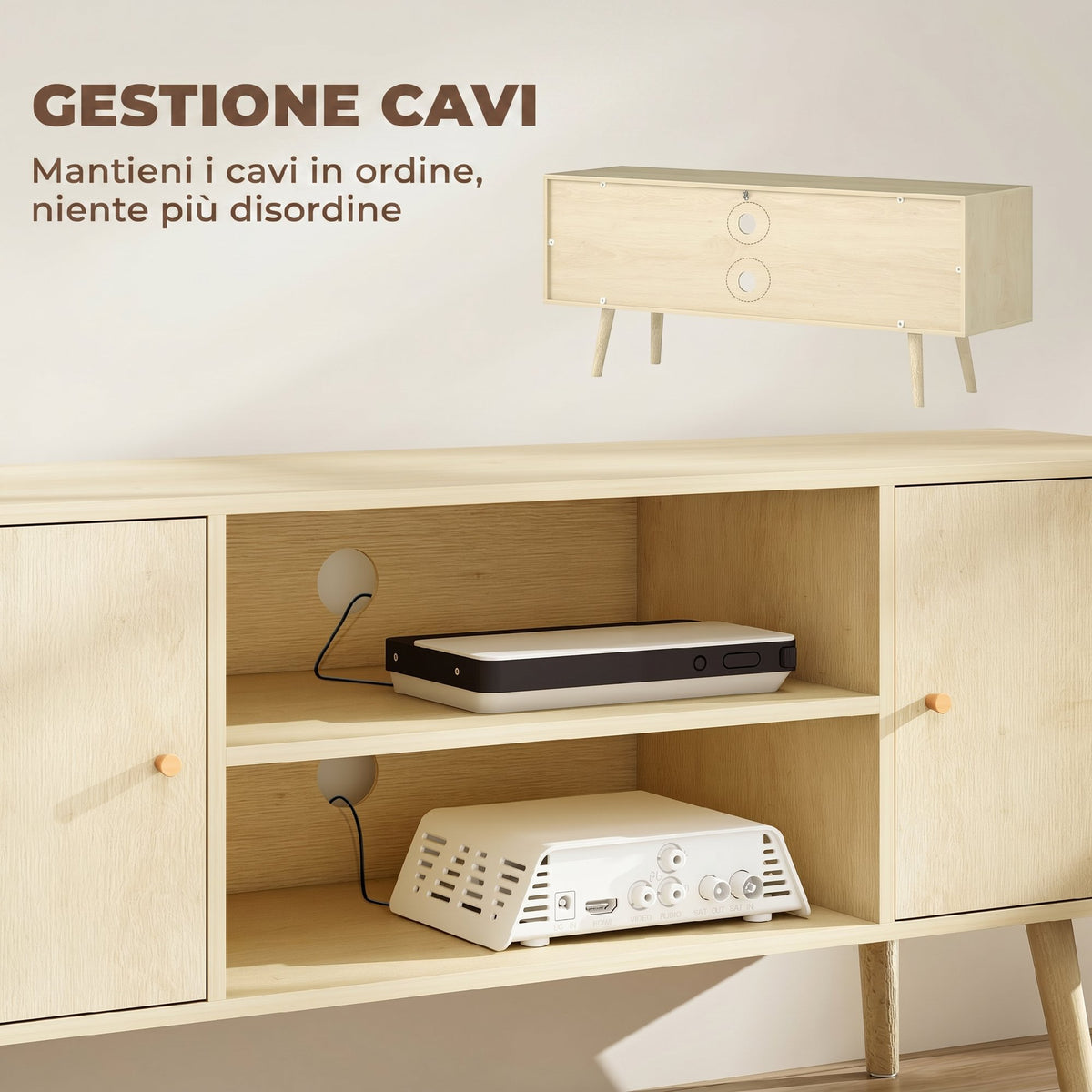 HOMCOM 55" Max TV Stand with 2 Cabinets and 2 Open Shelves, in Wood and Chipboard, 120x34x50 cm, Wood Color