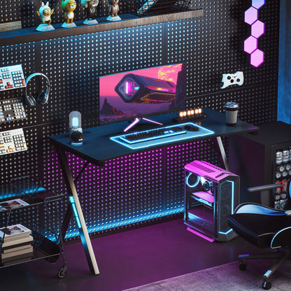 Gaming Desk with Adjustable RGB LED Lights and K-Shaped Legs, Made of Wood and Steel, 120x60x75 cm, Black