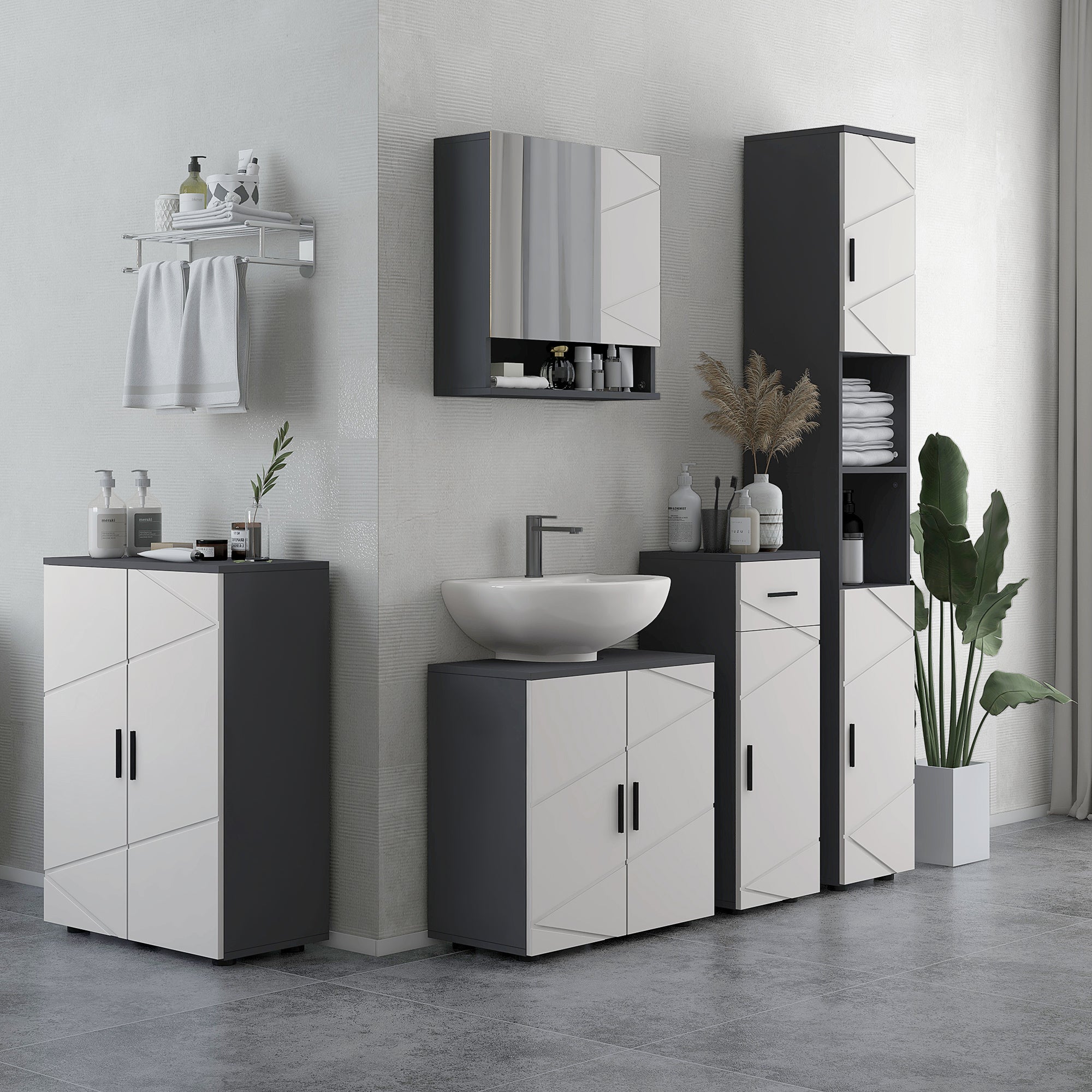 kleankin Cabinet with 2-Door Bathroom Mirror and Adjustable Wooden Shelves, 55x17x55cm, Gray - Borgè