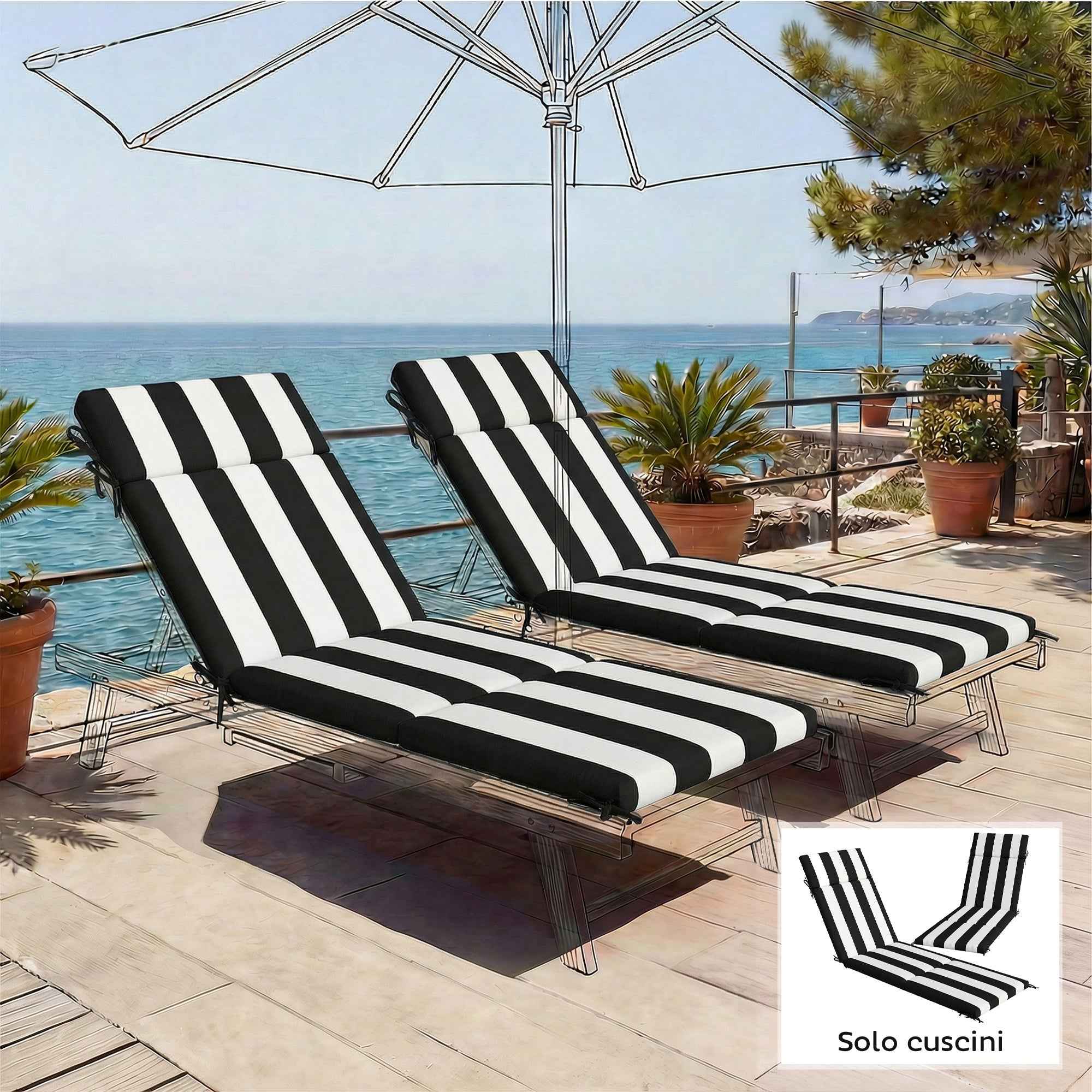 Outsunny Set of 2 Outdoor Chair Cushions with 6 Attachment Ties, Cotton, 183x54x6.5 cm, Black and White