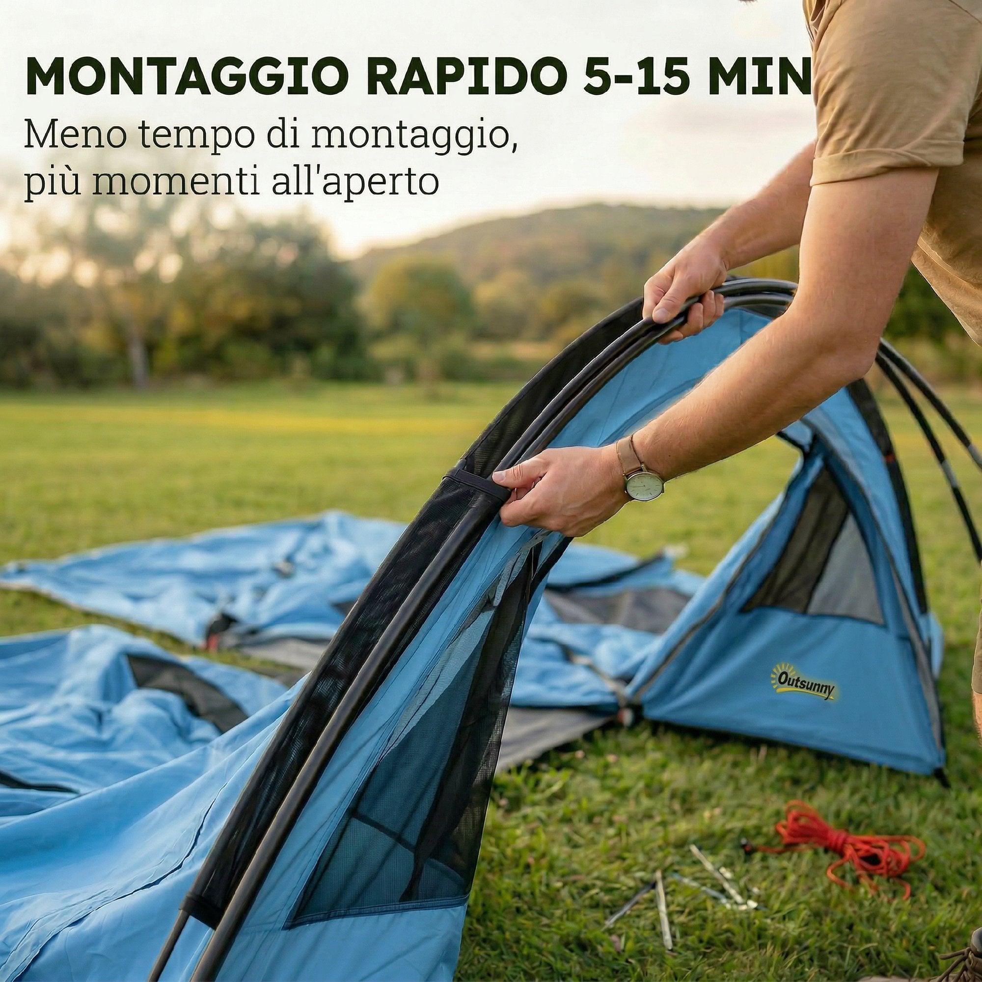 Outsunny 2-4 Person Tunnel Tent, 200cm High, 2 Bedrooms, 3000mm Waterproof, for Trekking, Blue