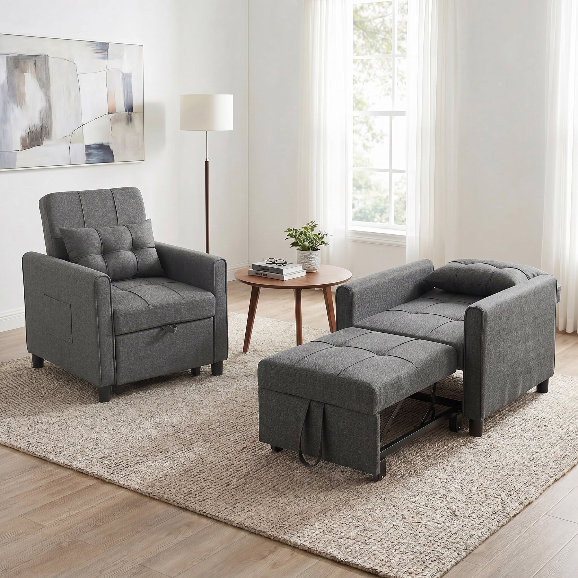 HOMCOM 3-in-1 Single Sofa Bed in Linen-Effect Fabric and Wood with Reclining Backrest, 69x82x85 cm, Grey