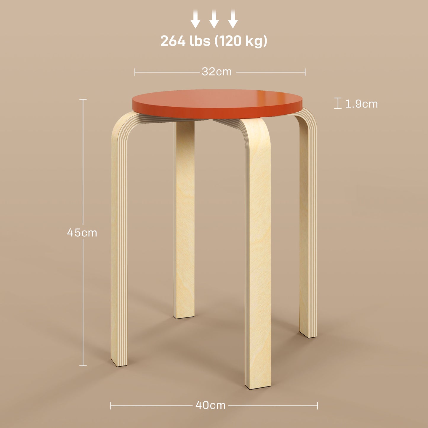 Set of 4 Round Modern Stackable Kitchen and Bar Stools in Wood, Ø40x54cm, Red and Wood