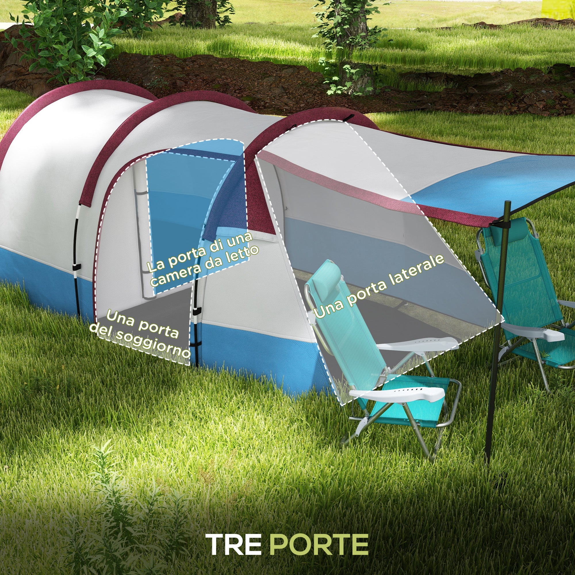 Outsunny Waterproof Camping Tent with 2 Areas and 3 Entrances, in Polyester and Fiberglass, 420x200x150 cm, Red - Borgè