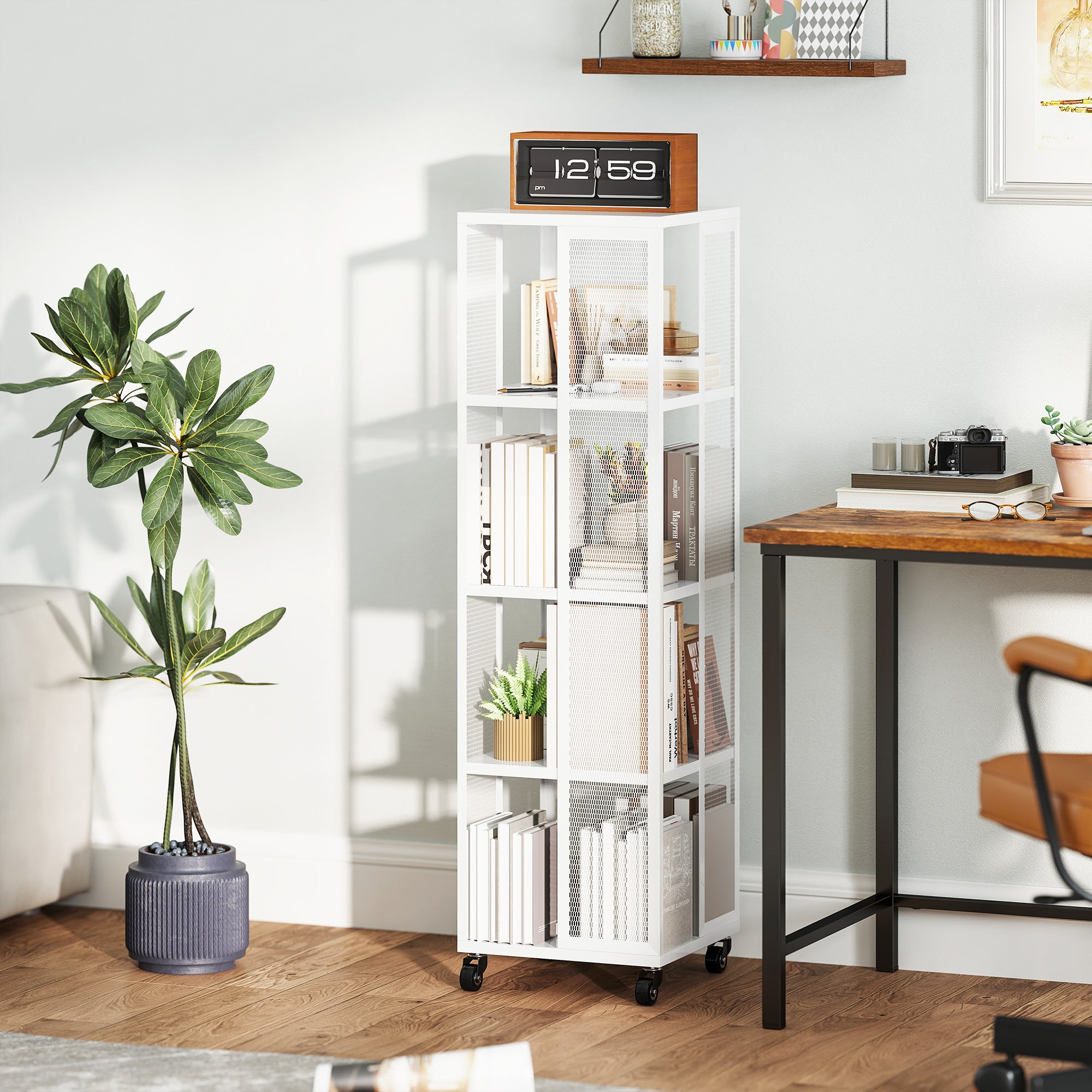 Modern 4-Tier Metal Mesh Bookcase with Wheels, 35x35x129cm, White