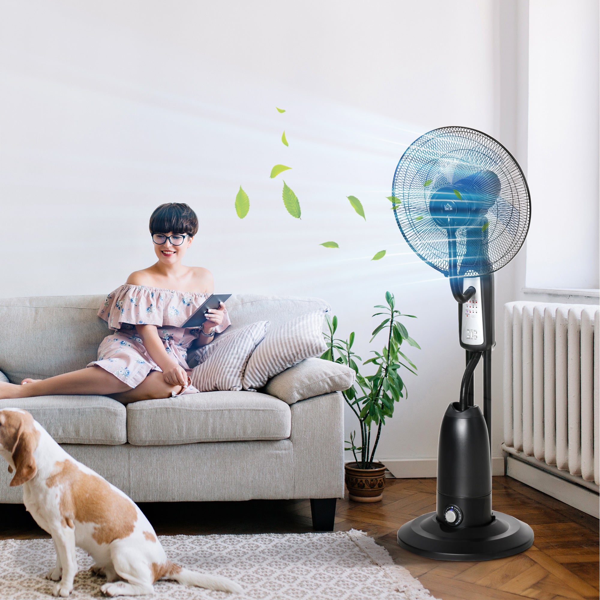 70° Oscillating Misting Fan and Dehumidifier with 3 Modes, Remote Control and 7.5h Timer, 2.8L Tank, 90W, Ф44.5cm x 120cm