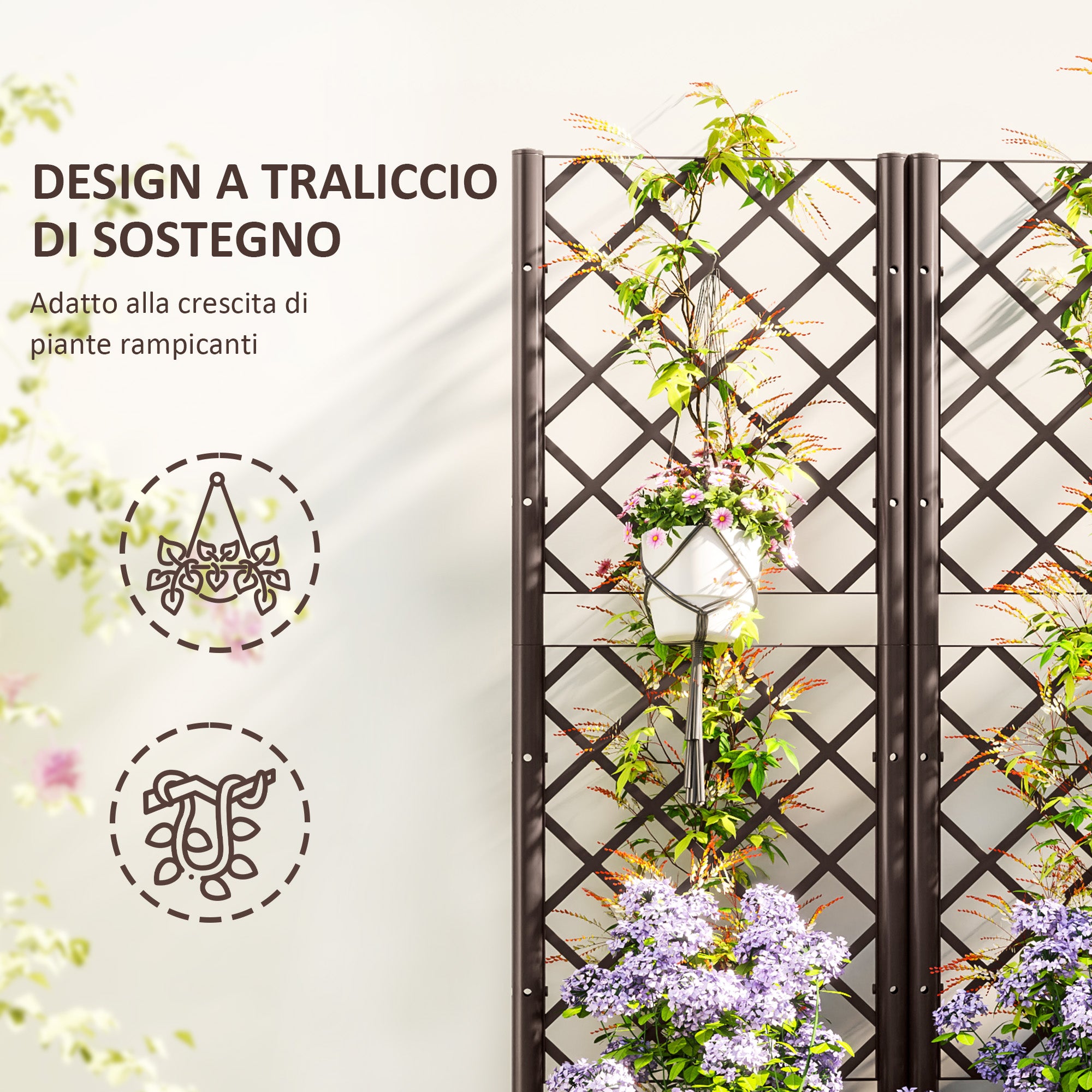 Raised Planter with Trellis for Climbing and 8 Drainage Holes in PP, 80x40x135 cm, Brown