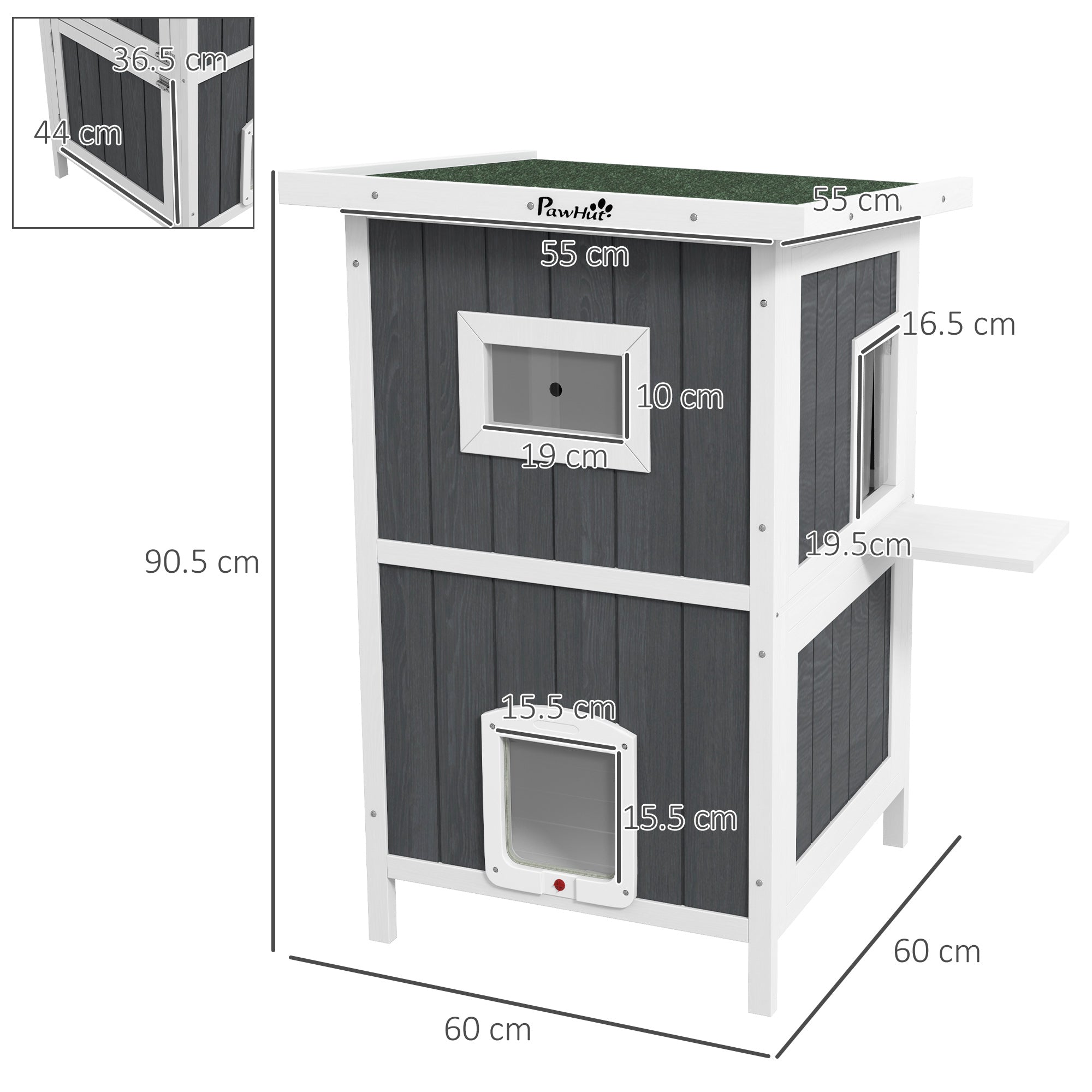 2-Tier Outdoor Wooden Cat Kennel with Asphalt Roof and 4 Doors, 60x60x90.5cm, Gray - Borgè