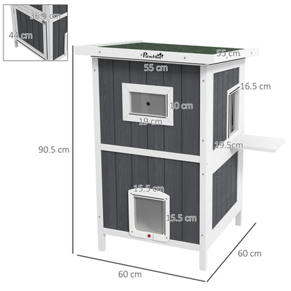 2-Tier Outdoor Wooden Cat Kennel with Asphalt Roof and 4 Doors, 60x60x90.5cm, Gray